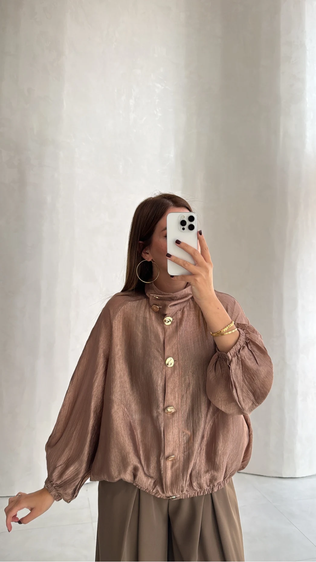 Saten Bomber İnce Ceket - Vizon - Kod: 9775