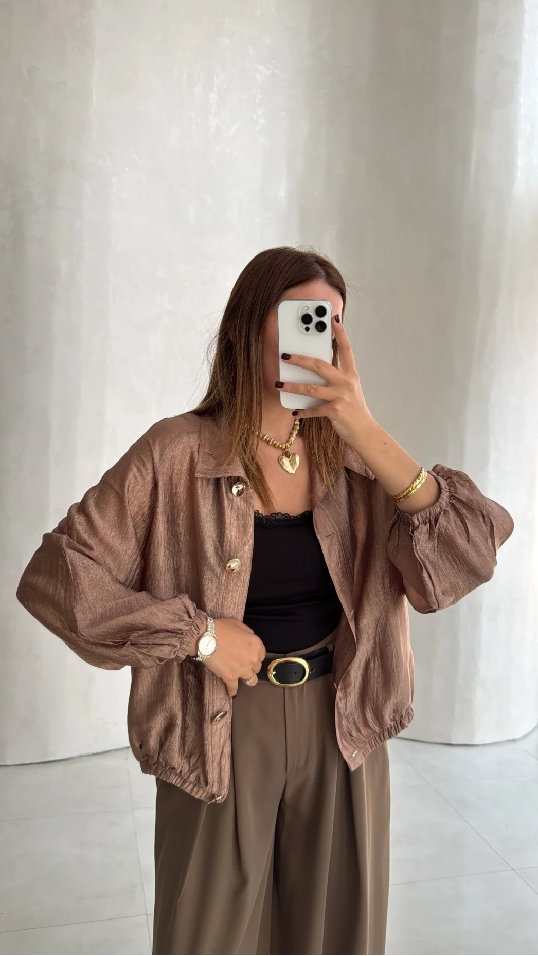 Saten Bomber İnce Ceket - Vizon - Kod: 9775