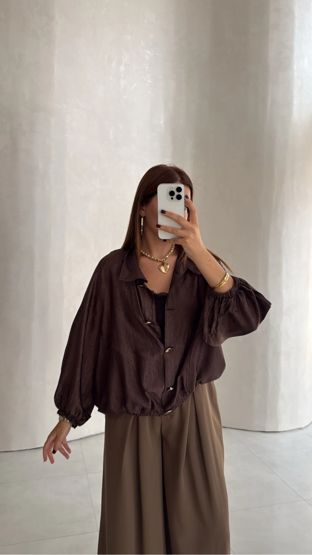 Saten Bomber İnce Ceket - Kahve - Kod: 9775