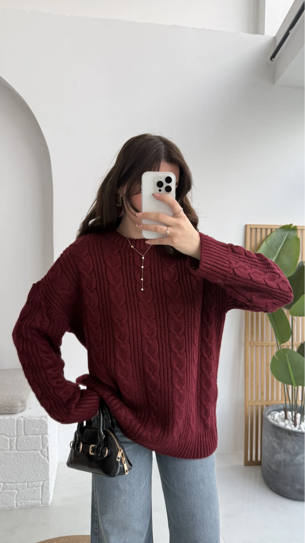 Selani Bisiklet Yaka Örgü Kazak - Bordo - Kod: 4519