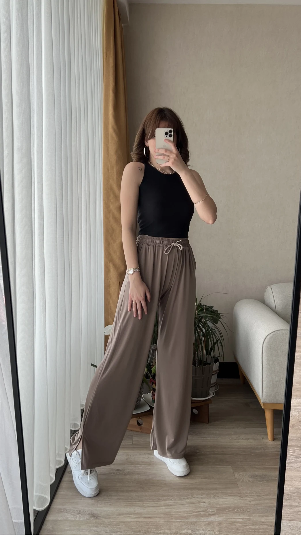 Sendy Kahve Tonları Yırtmaçlı Palazzo Pantolon