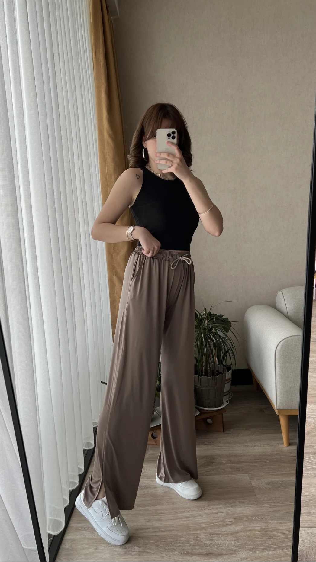 Sendy Kahve Tonları Yırtmaçlı Palazzo Pantolon