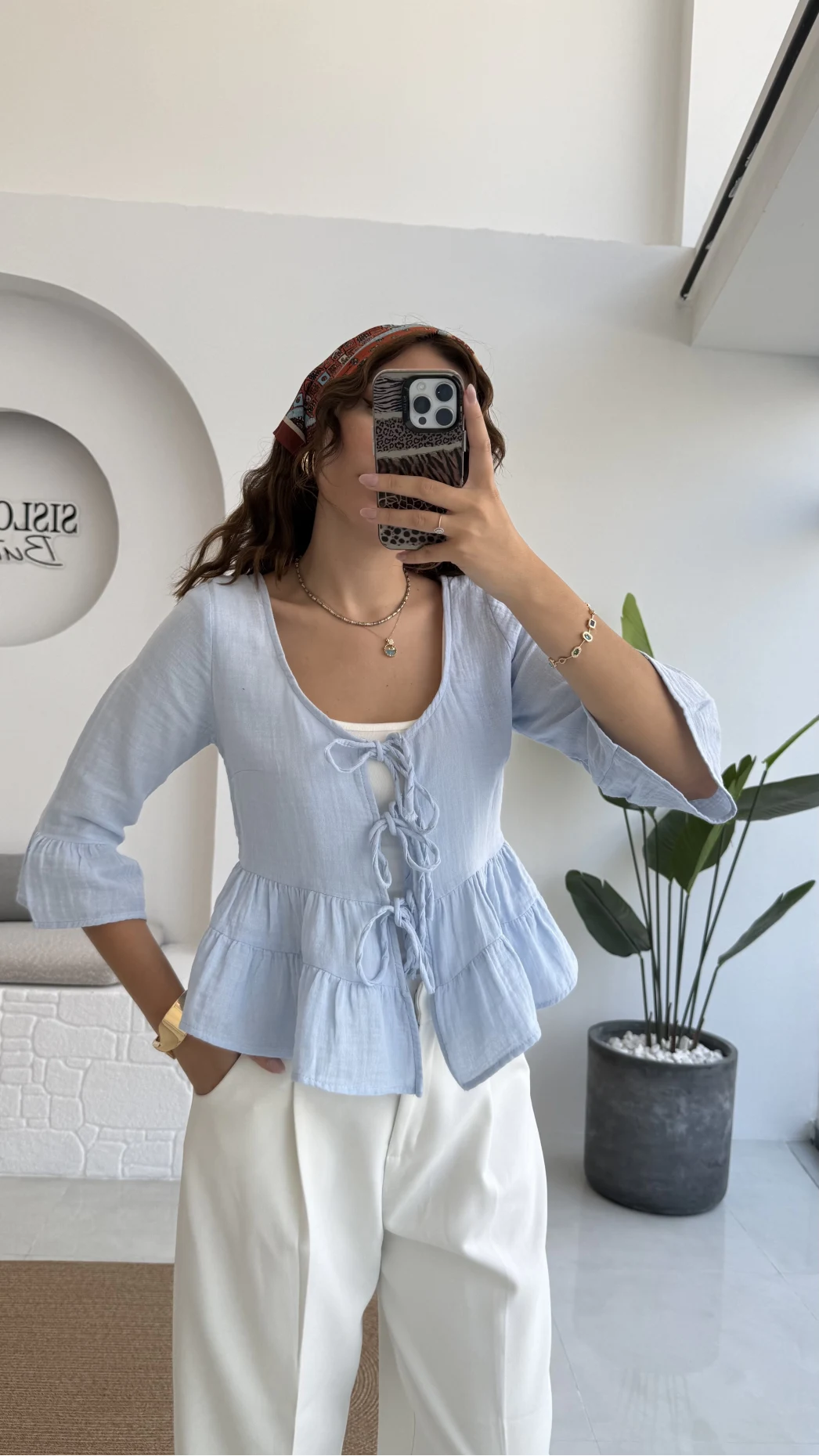 1013 - Seren Katlı Bağlamalı Bluz - Bebe Mavisi