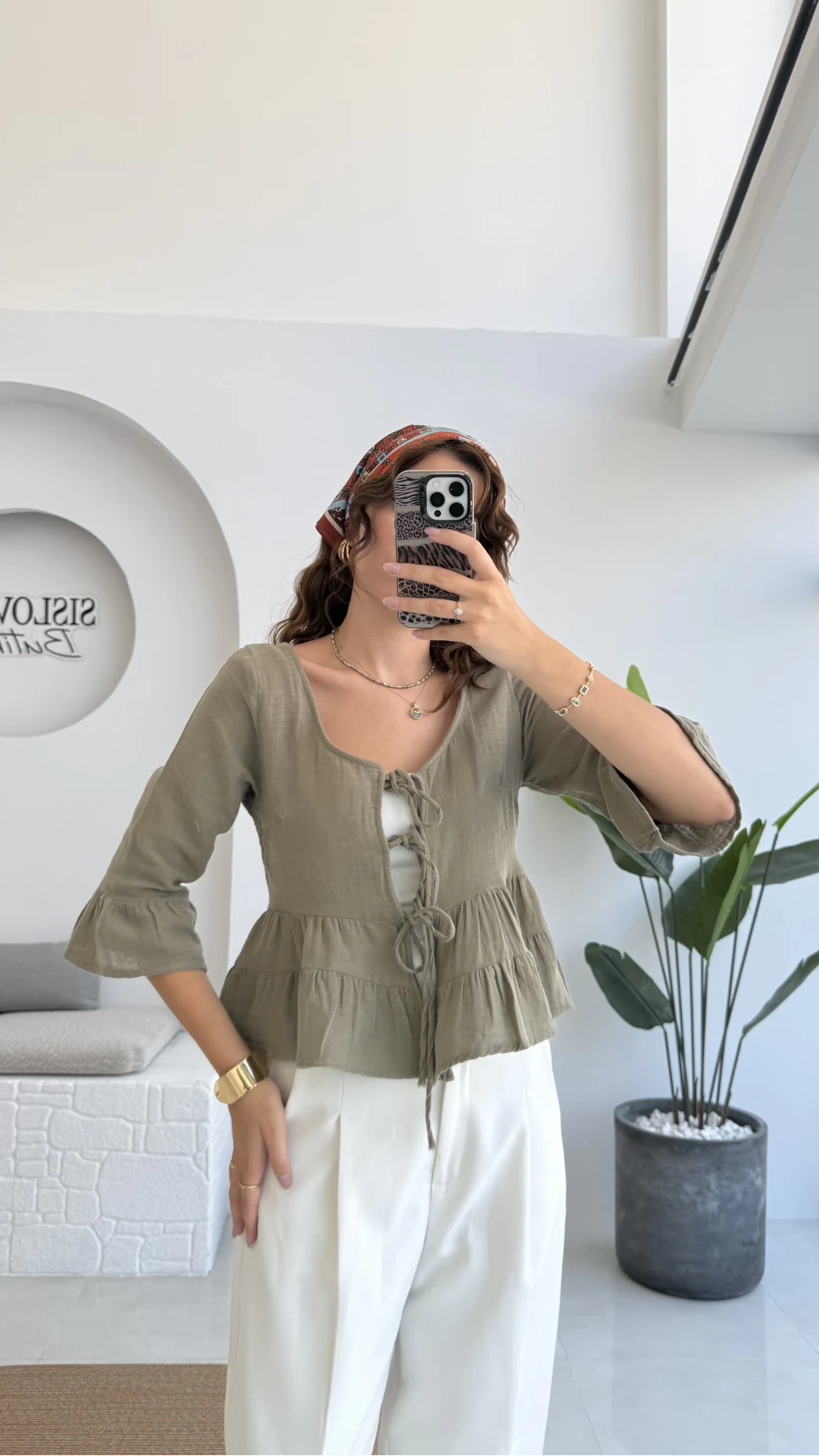 1013 - Seren Katlı Bağlamalı Bluz - Haki