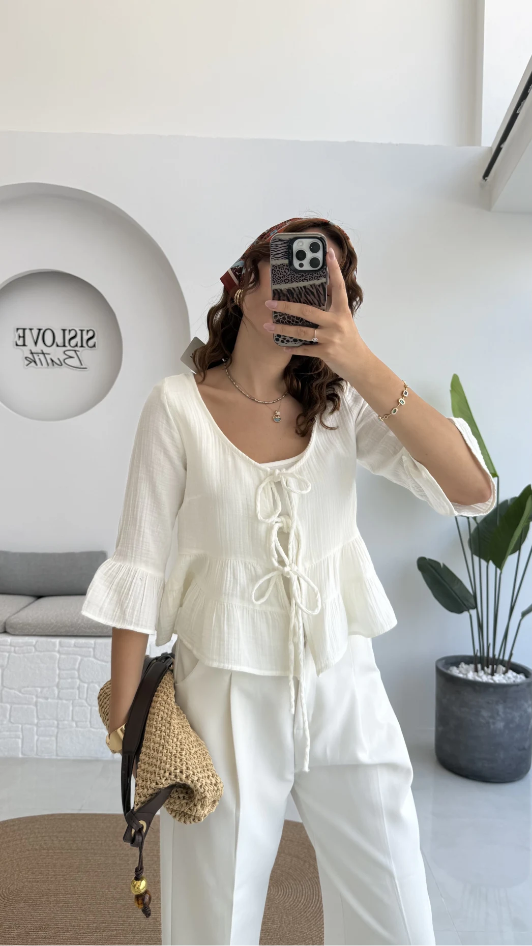 1013 - Seren Katlı Bağlamalı Bluz - Kırık Beyaz