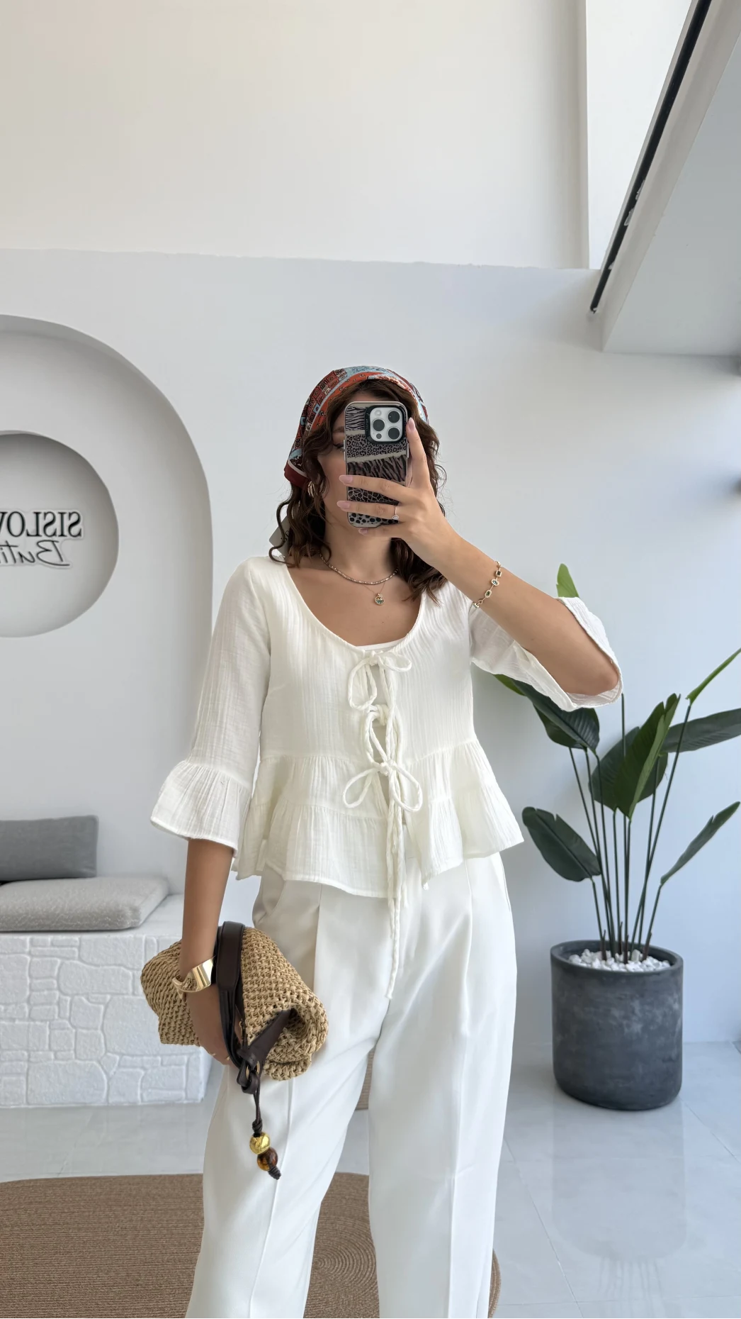 1013 - Seren Katlı Bağlamalı Bluz - Kırık Beyaz