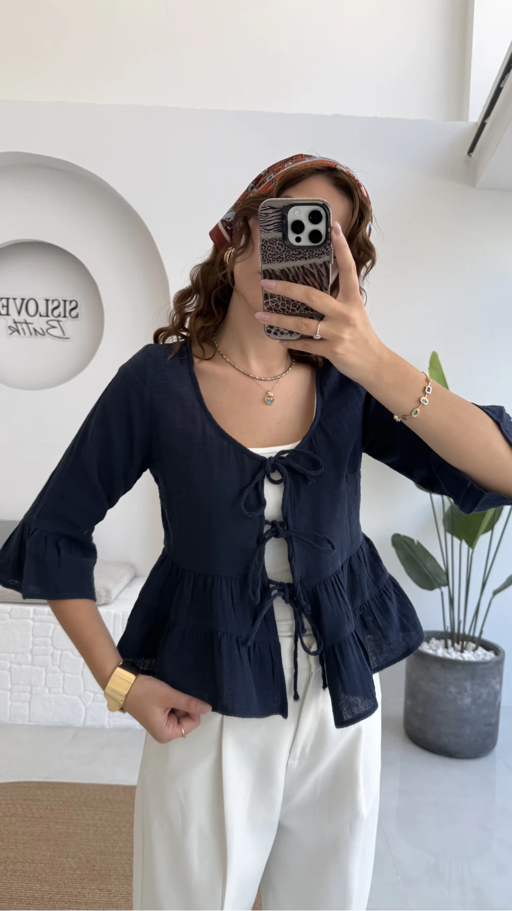 1013 - Seren Katlı Bağlamalı Bluz - Lacivert