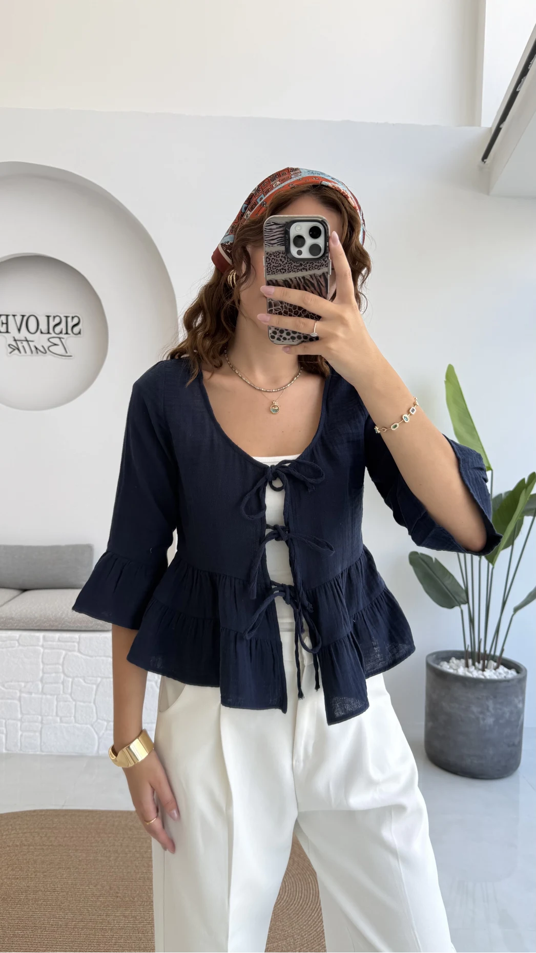 1013 - Seren Katlı Bağlamalı Bluz - Lacivert