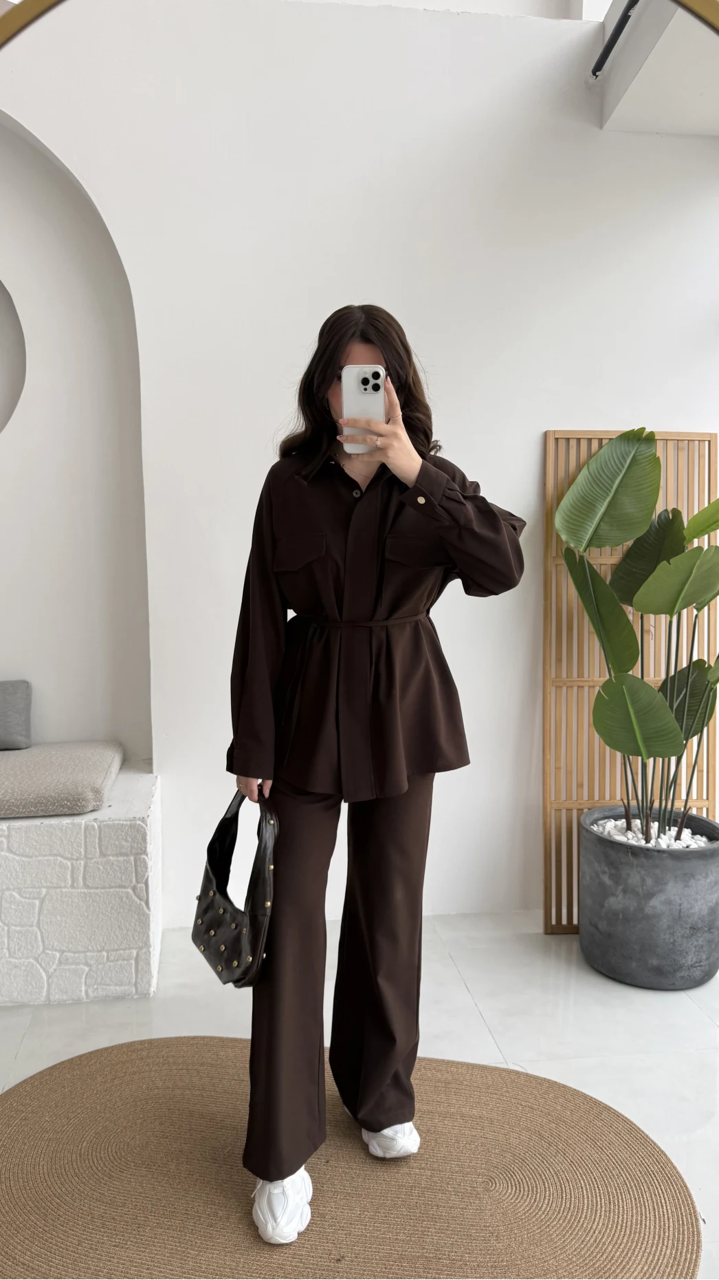 Serena Bağcıklı Gömlek Pantolon Takım - Acı Kahve - Kod: 8899