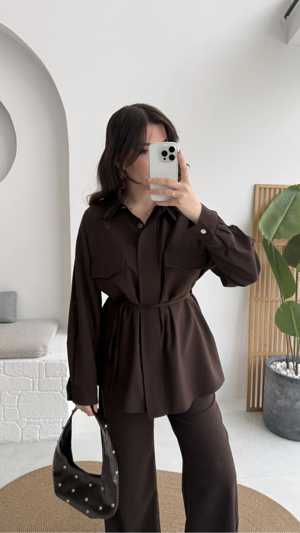 Serena Bağcıklı Gömlek Pantolon Takım - Acı Kahve - Kod: 8899