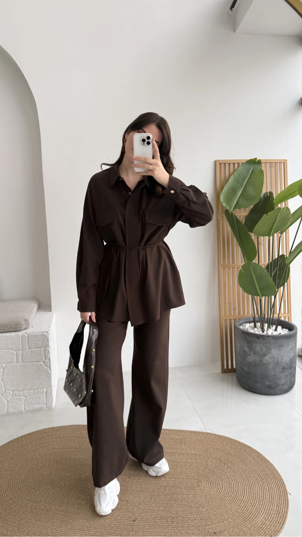 Serena Bağcıklı Gömlek Pantolon Takım - Acı Kahve - Kod: 8899