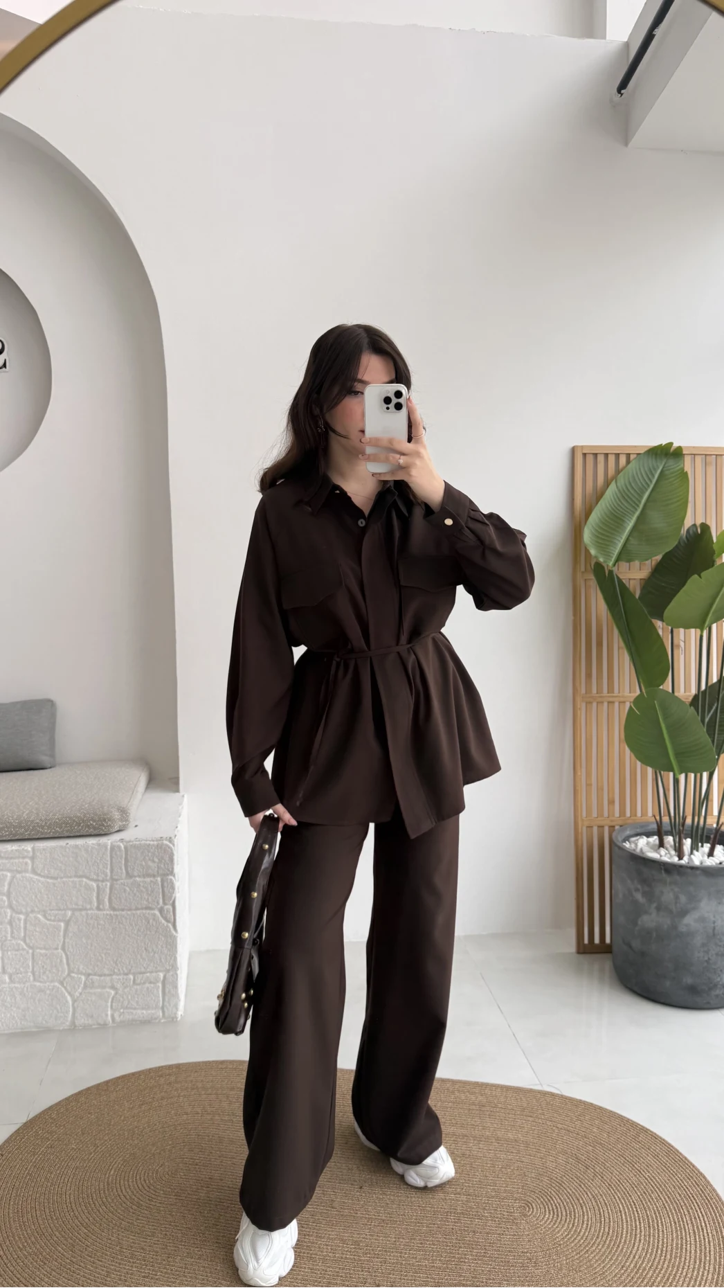 Serena Bağcıklı Gömlek Pantolon Takım - Acı Kahve - Kod: 8899