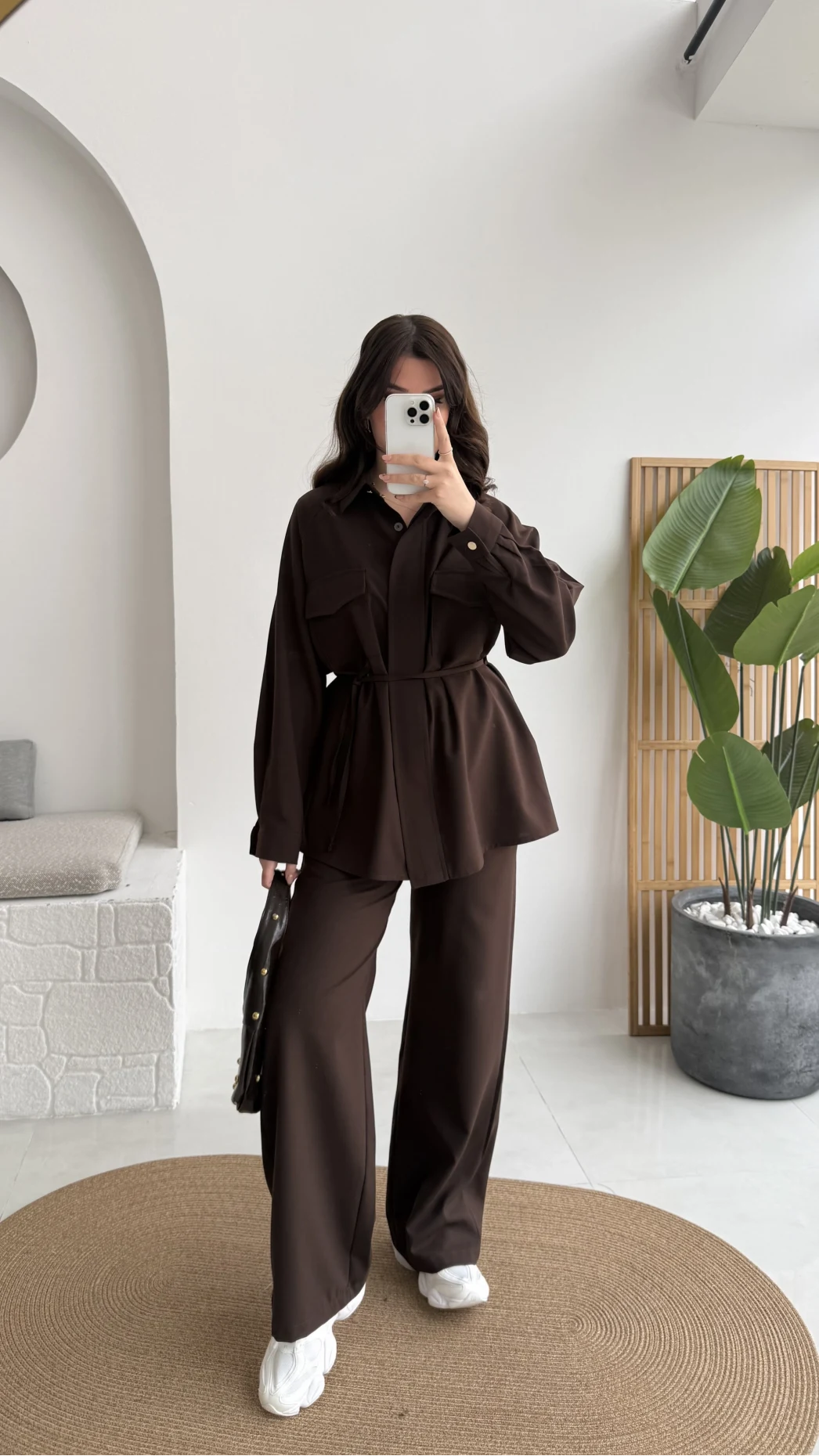 Serena Bağcıklı Gömlek Pantolon Takım - Acı Kahve - Kod: 8899