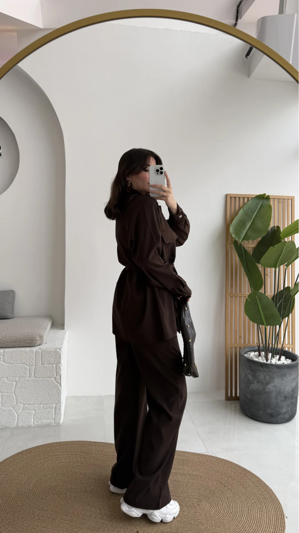 Serena Bağcıklı Gömlek Pantolon Takım - Acı Kahve - Kod: 8899