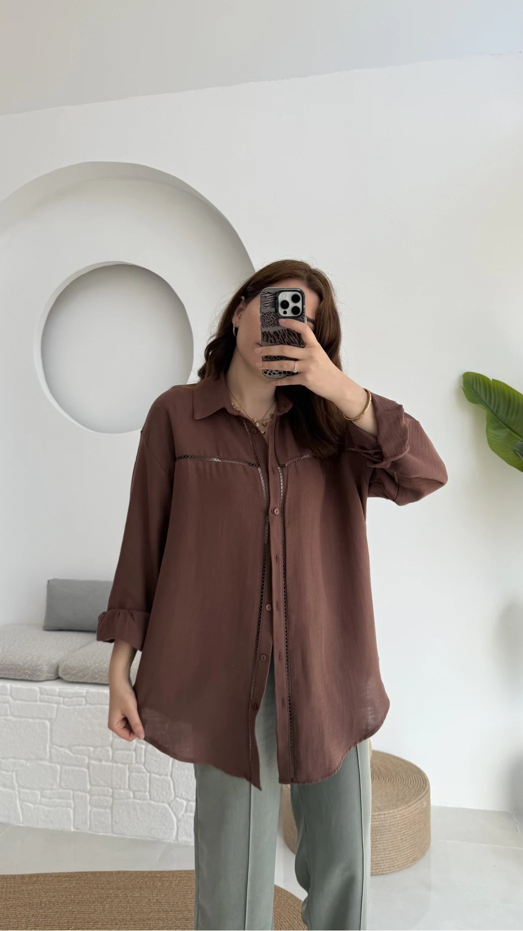 Şerit Detay Acı Kahve Gömlek - 2044