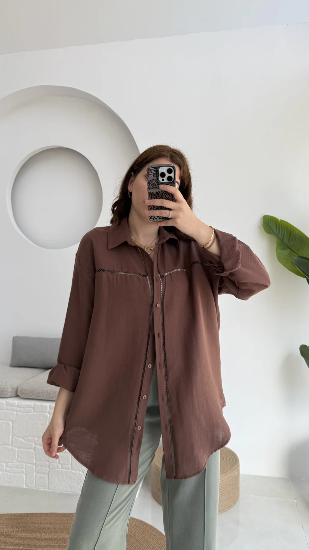 Şerit Detay Acı Kahve Gömlek - 2044