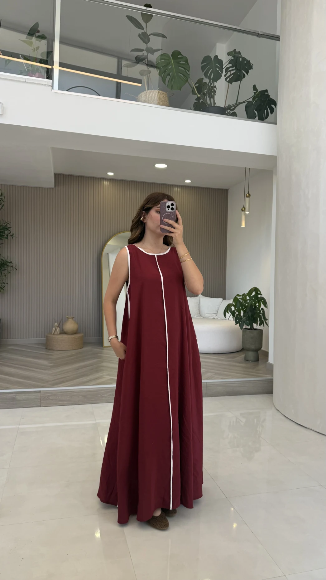 Şerit Detay Elbise Bordo