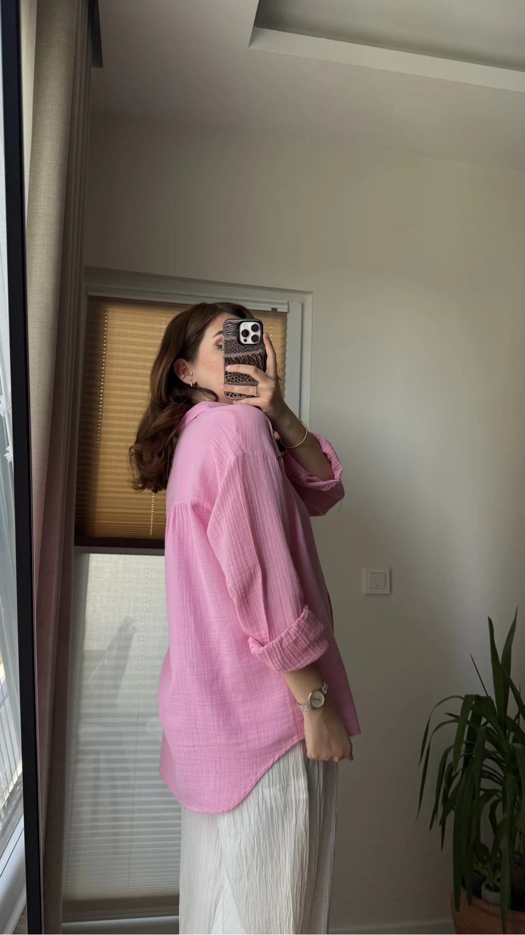 Şerit Detay Pembe Gömlek - 2044