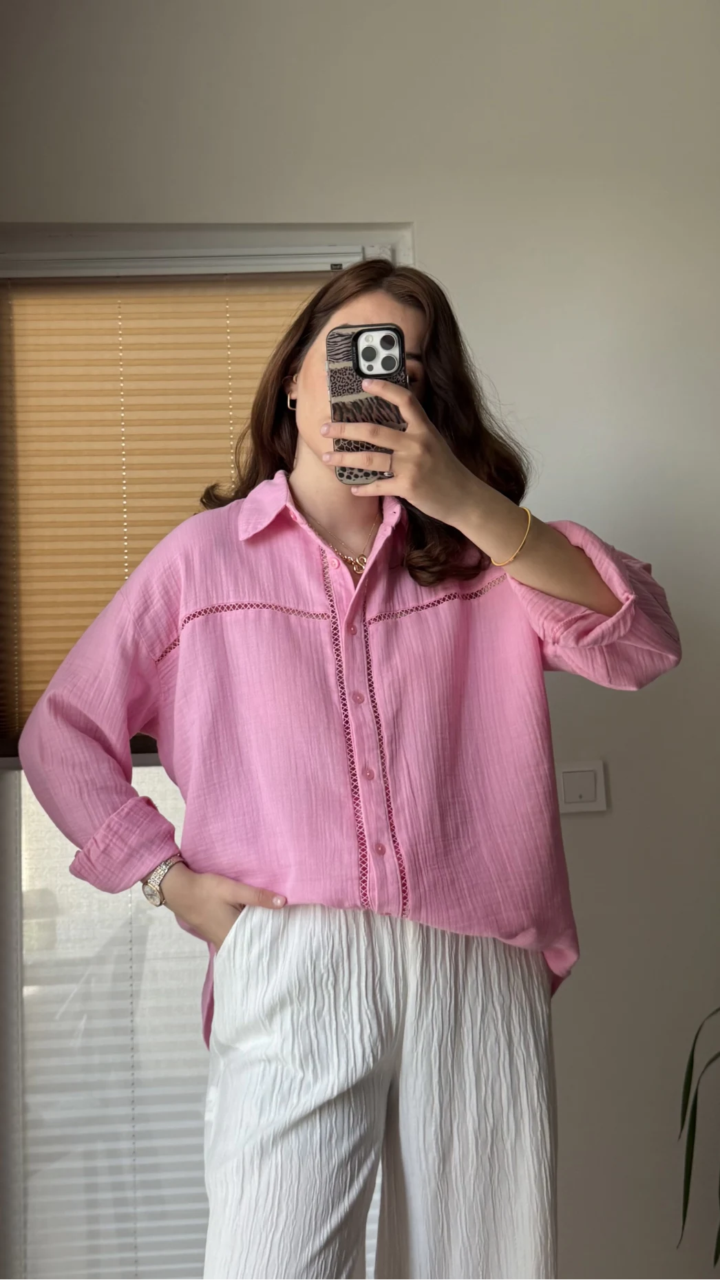 Şerit Detay Pembe Gömlek - 2044