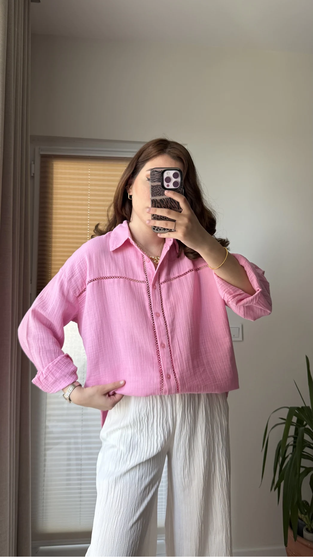 Şerit Detay Pembe Gömlek - 2044