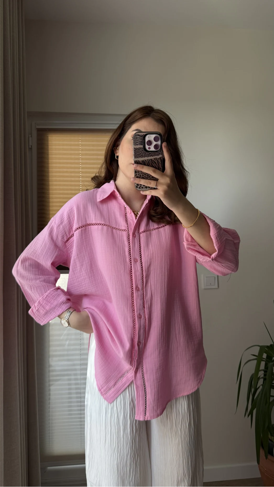 Şerit Detay Pembe Gömlek - 2044