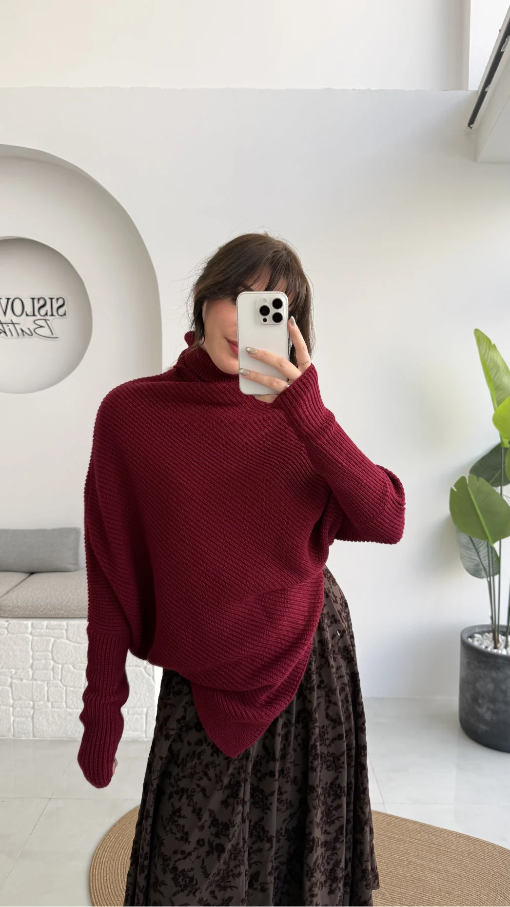 Shirley Asimetrik Kesim Boğazlı Triko Panço - Bordo