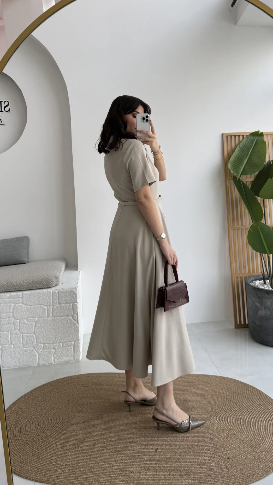 Sia Kısa Kol Kemerli Elbise - Taş - Kod: 2341