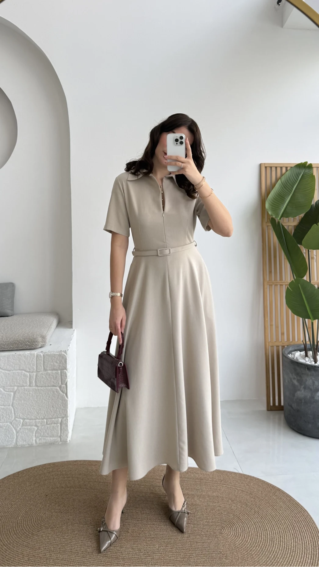 Sia Kısa Kol Kemerli Elbise - Taş - Kod: 2341