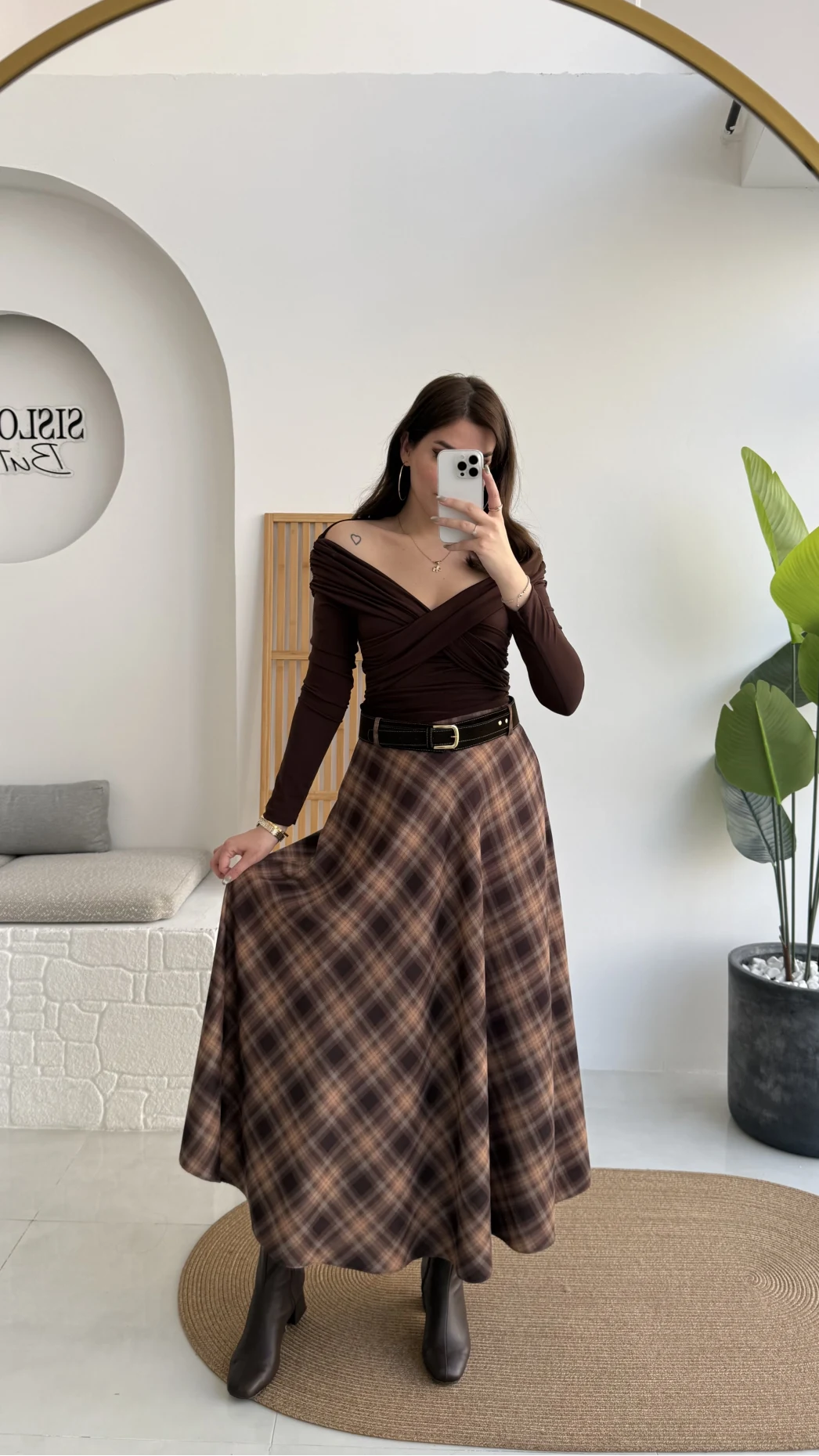 Sienna Ekose Desenli Kemerli Midi Boy Etek - Taş-Kahve - Kod: 9105