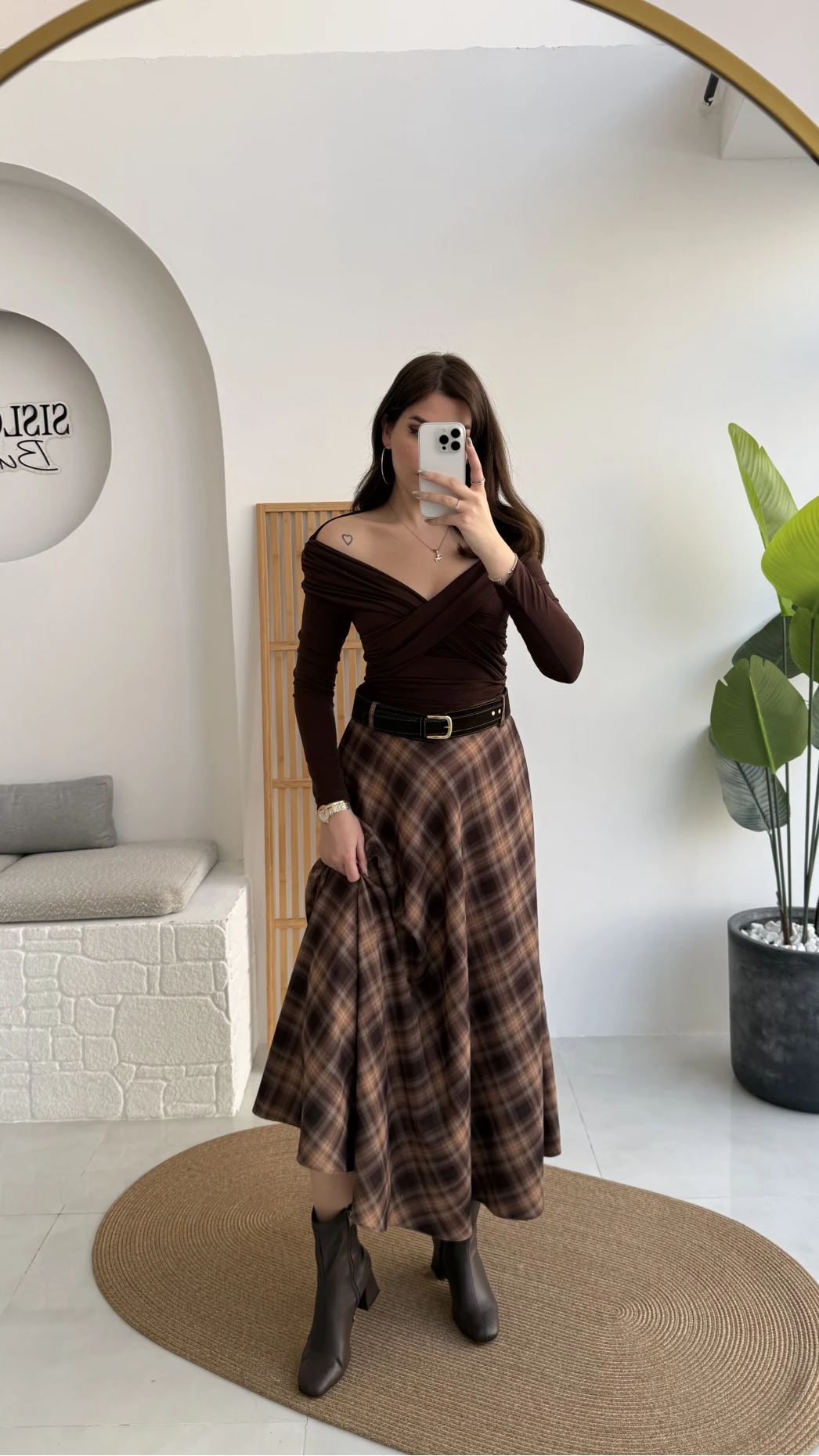 Sienna Ekose Desenli Kemerli Midi Boy Etek - Taş-Kahve - Kod: 9105