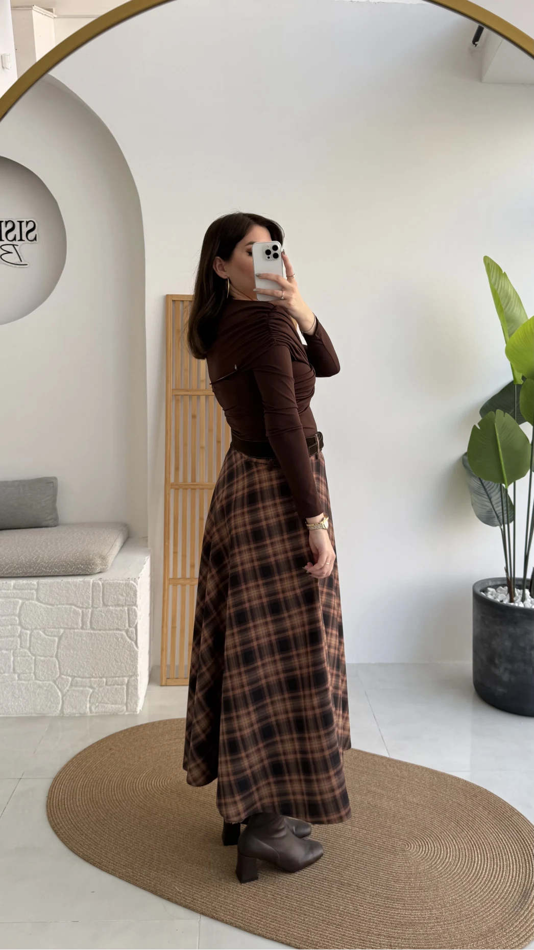 Sienna Ekose Desenli Kemerli Midi Boy Etek - Taş-Kahve - Kod: 9105