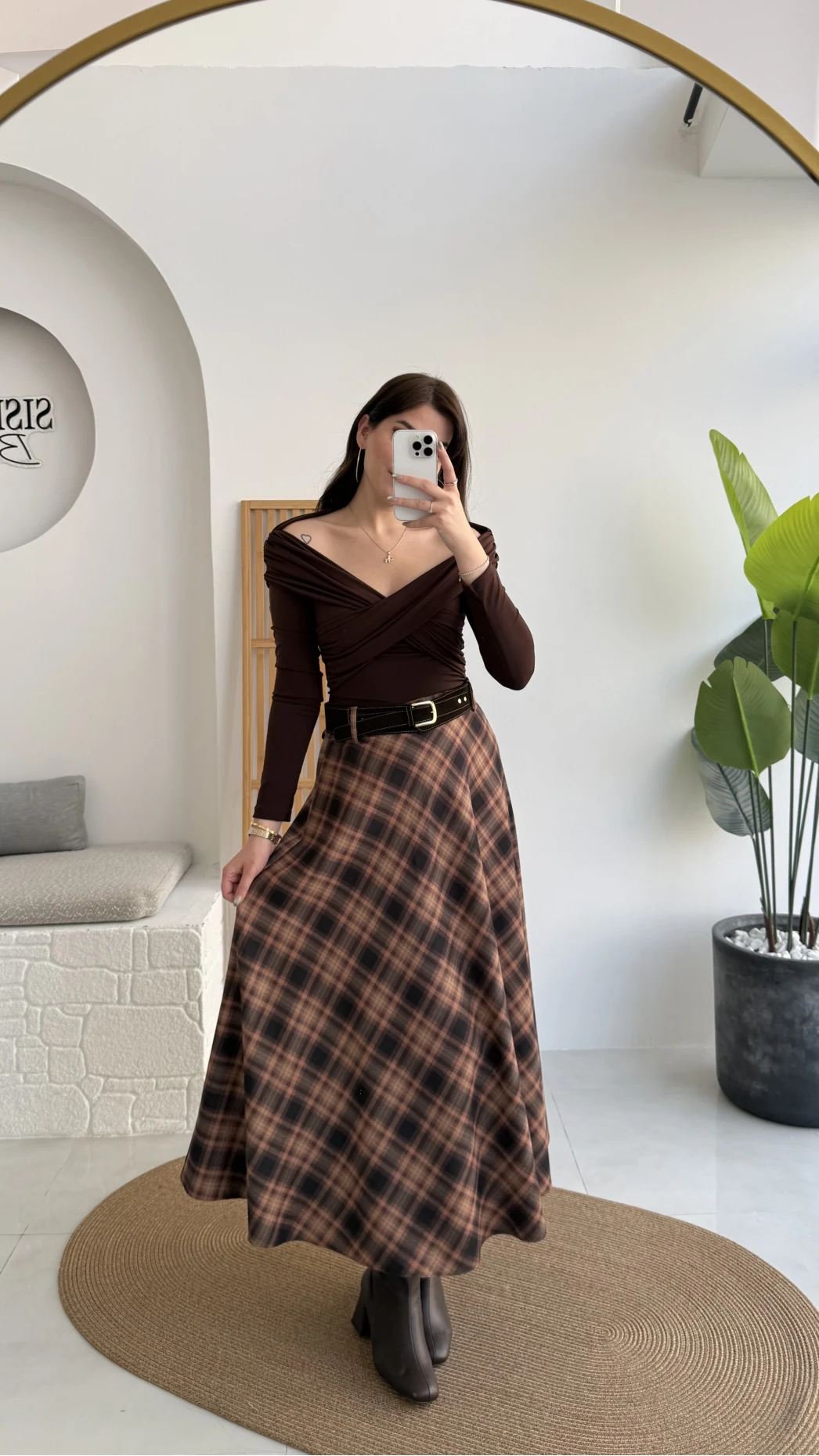 Sienna Ekose Desenli Kemerli Midi Boy Etek - Taş-Kahve - Kod: 9105