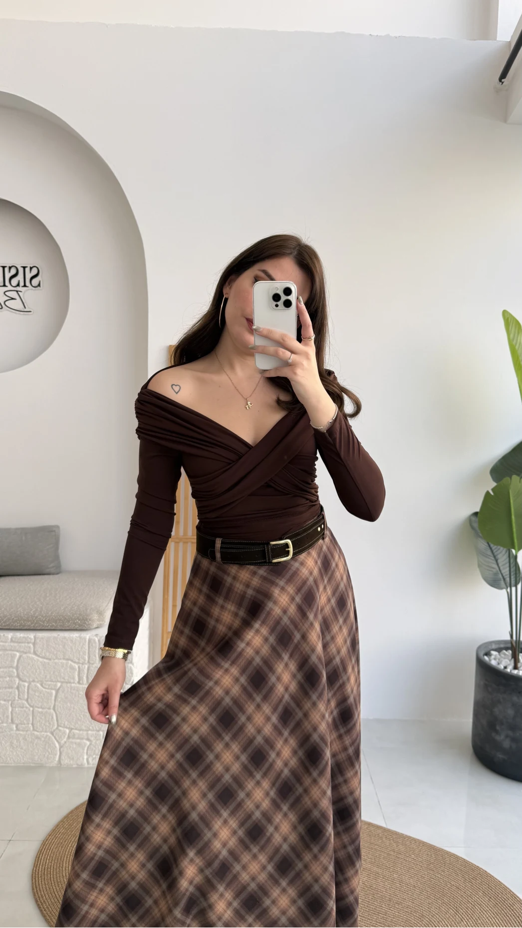 Sienna Ekose Desenli Kemerli Midi Boy Etek - Taş-Kahve - Kod: 9105