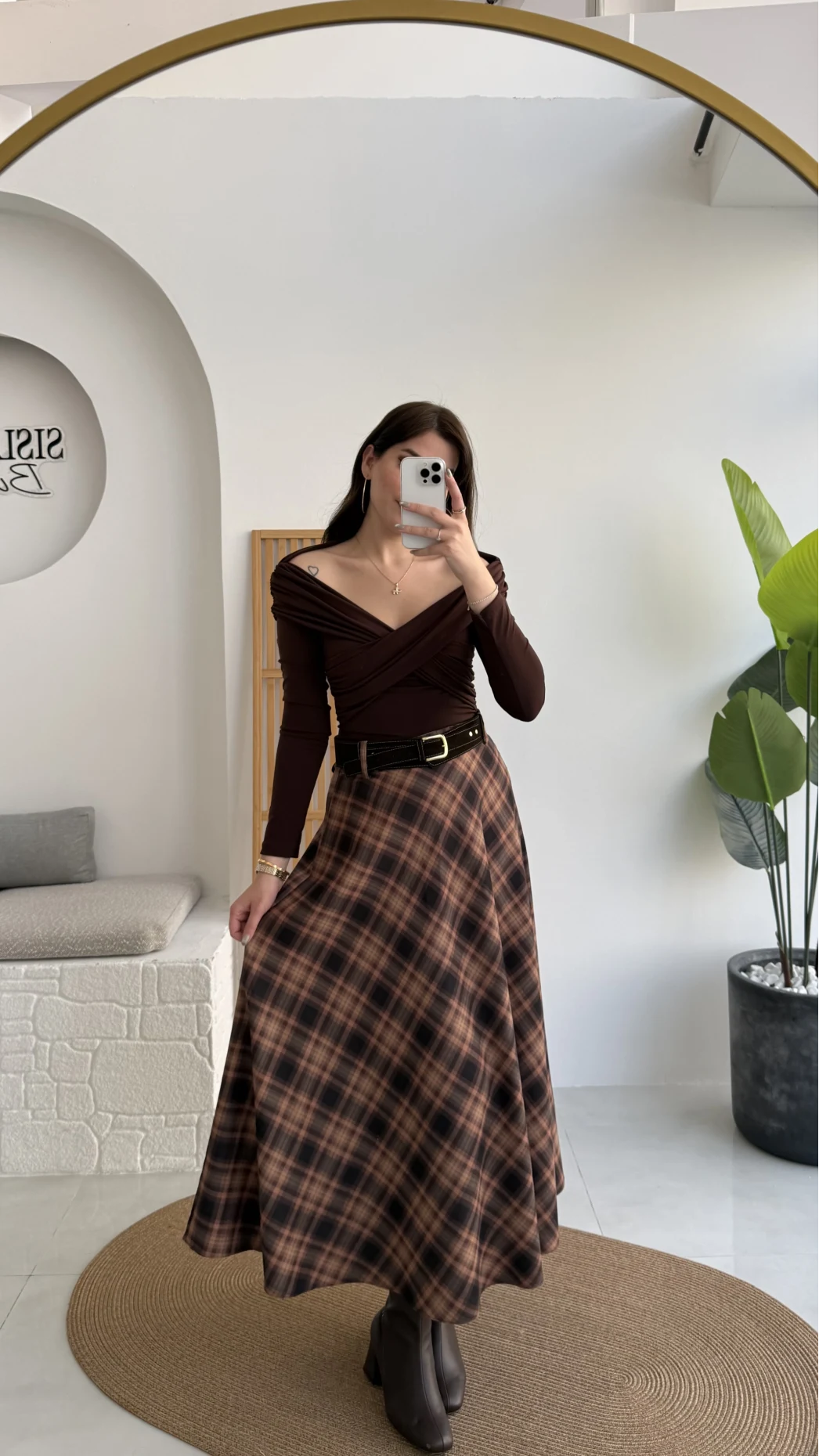 Sienna Ekose Desenli Kemerli Midi Boy Etek - Taş-Kahve - Kod: 9105