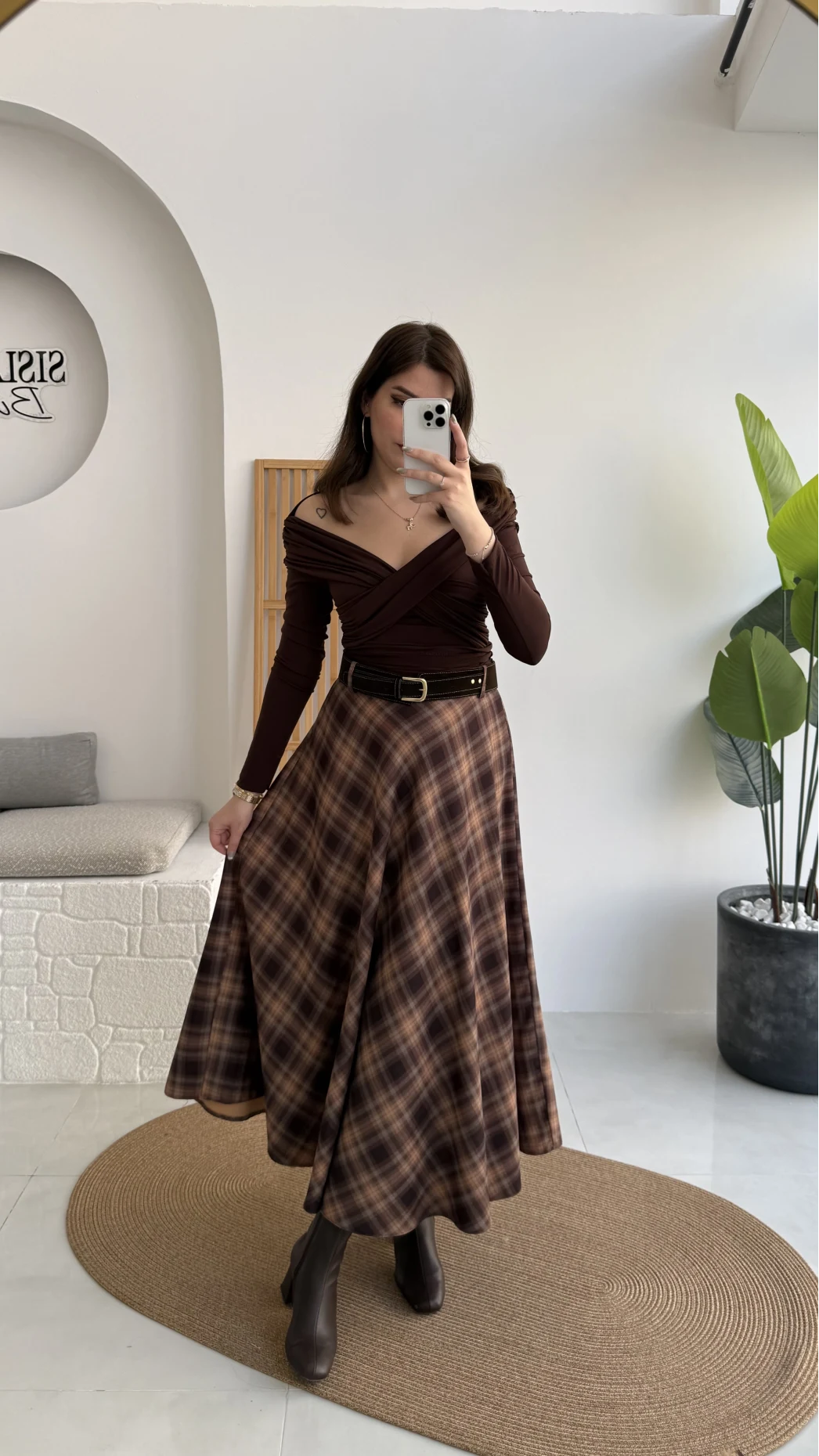 Sienna Ekose Desenli Kemerli Midi Boy Etek - Taş-Kahve - Kod: 9105