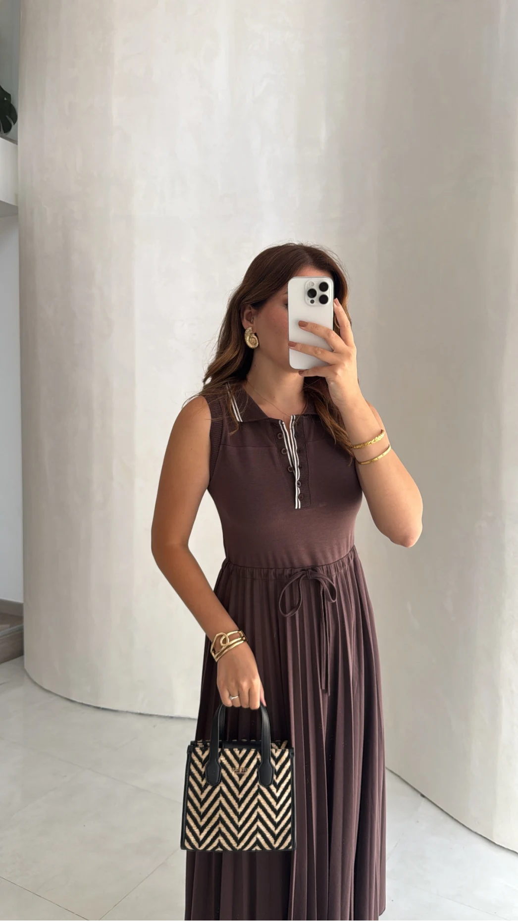 Sıfır Kol Beli Lastikli Pileli Elbise - Kahverengi - Kod: 4179