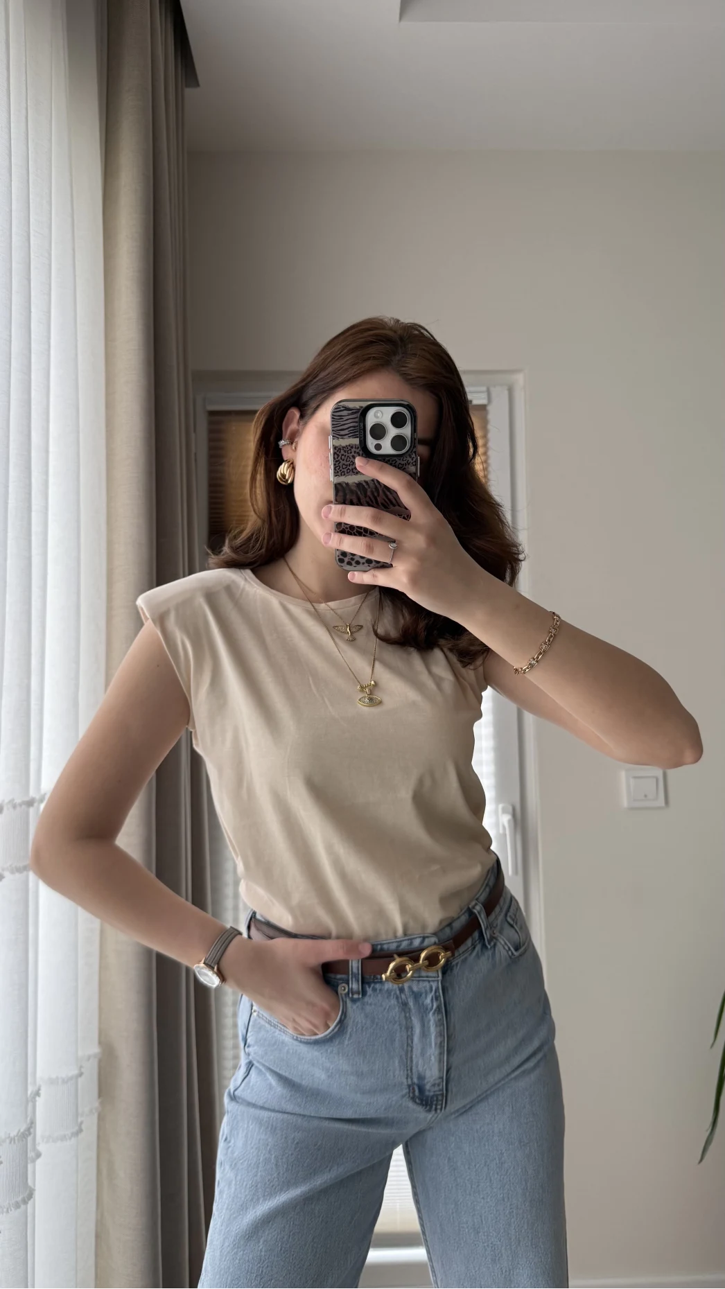 Sıfır Kol Vatkalı T-Shirt Krem