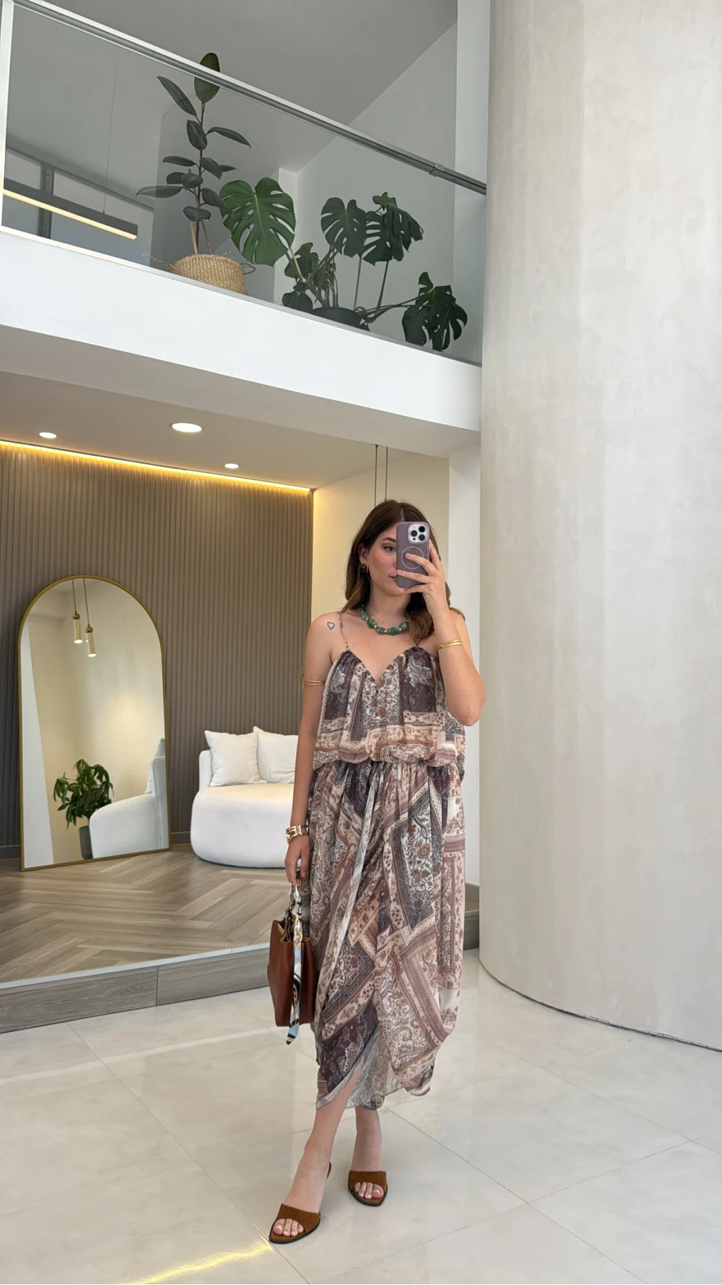 Şifon Desenli Askılı Bluz Şalvar Takım - Camel - Kod: 51409