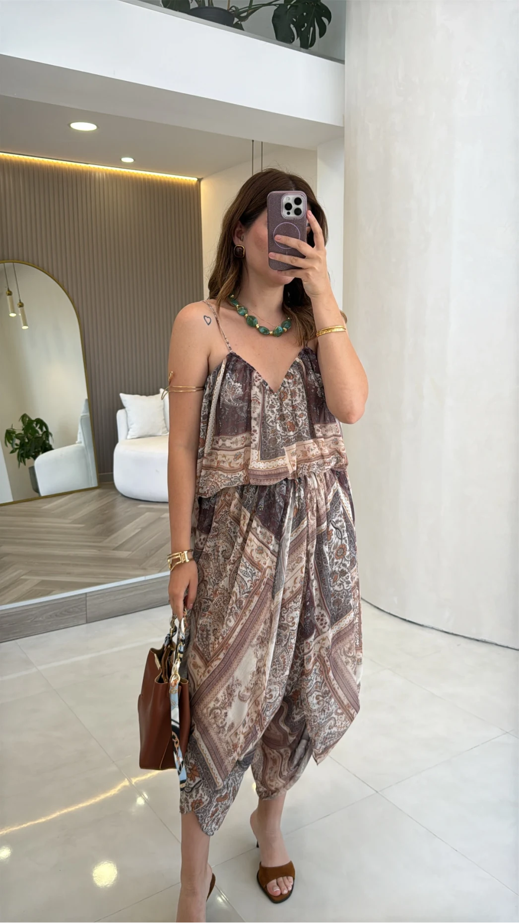 Şifon Desenli Askılı Bluz Şalvar Takım - Camel - Kod: 51409
