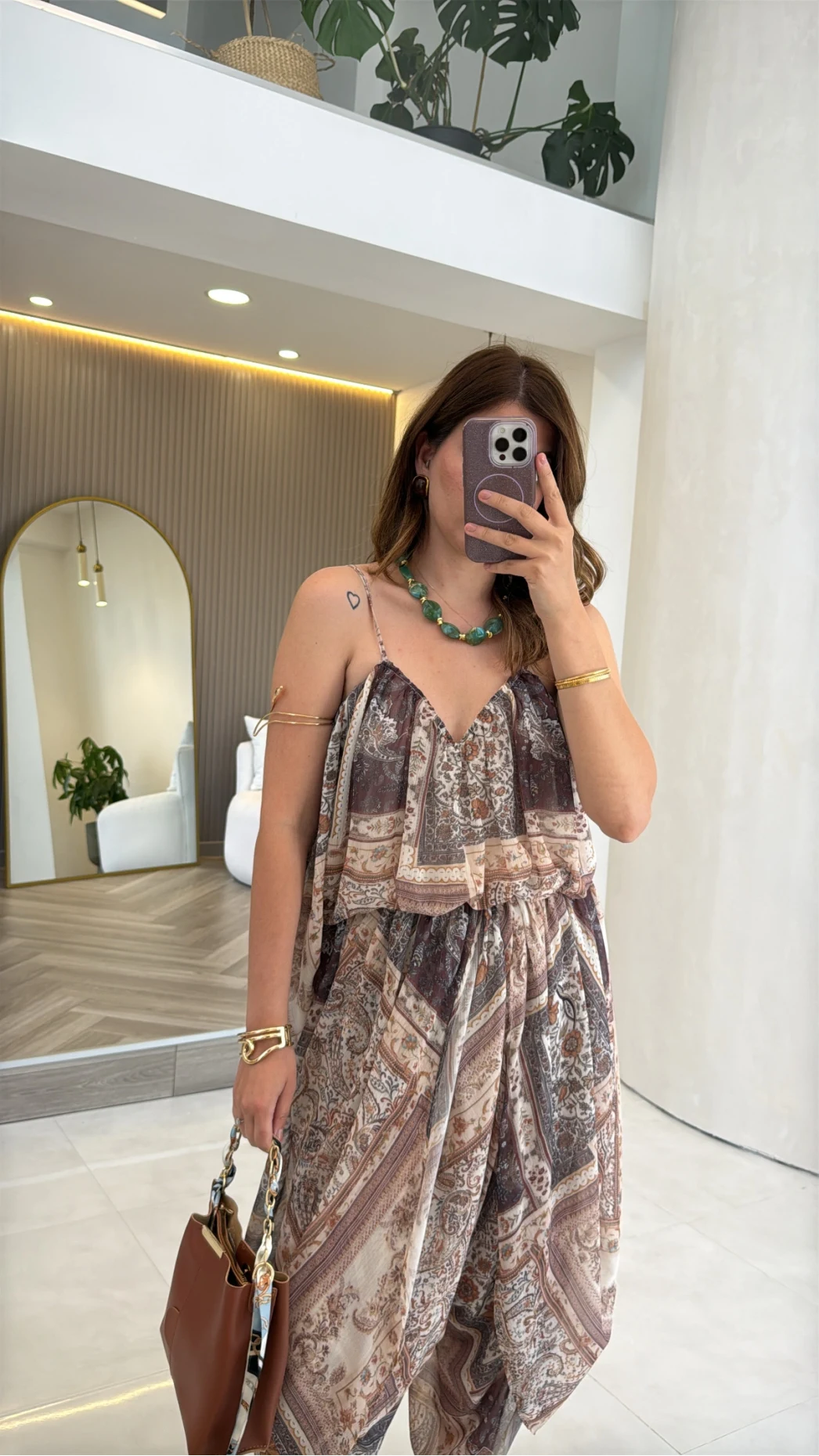 Şifon Desenli Askılı Bluz Şalvar Takım - Camel - Kod: 51409