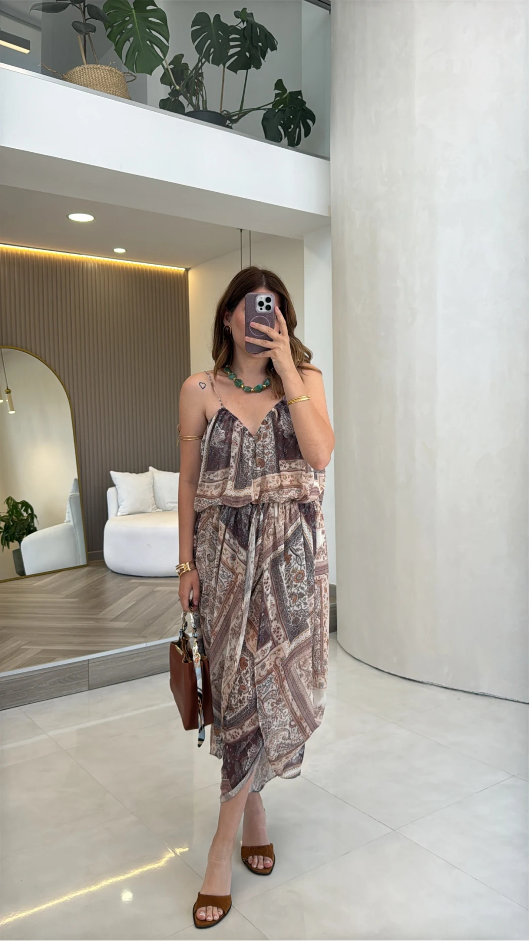 Şifon Desenli Askılı Bluz Şalvar Takım - Camel - Kod: 51409