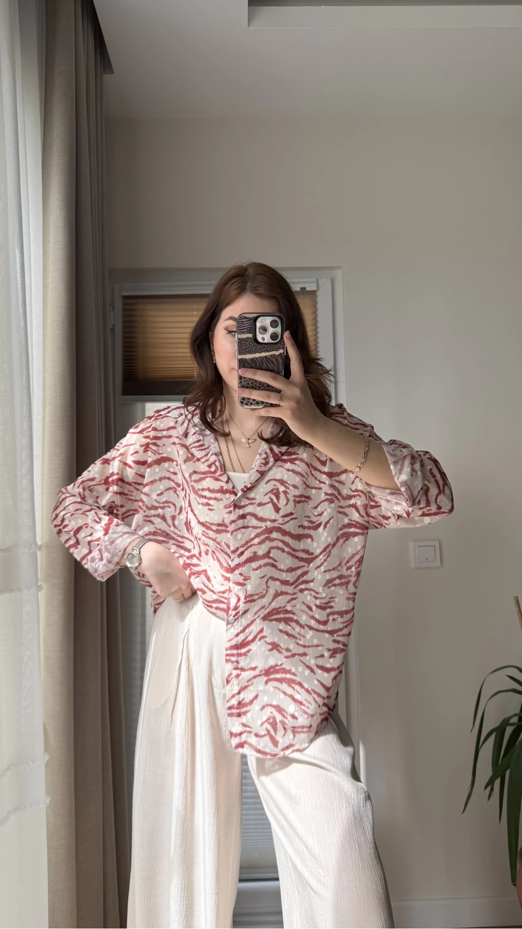 Şifon Desenli Gömlek Pembe