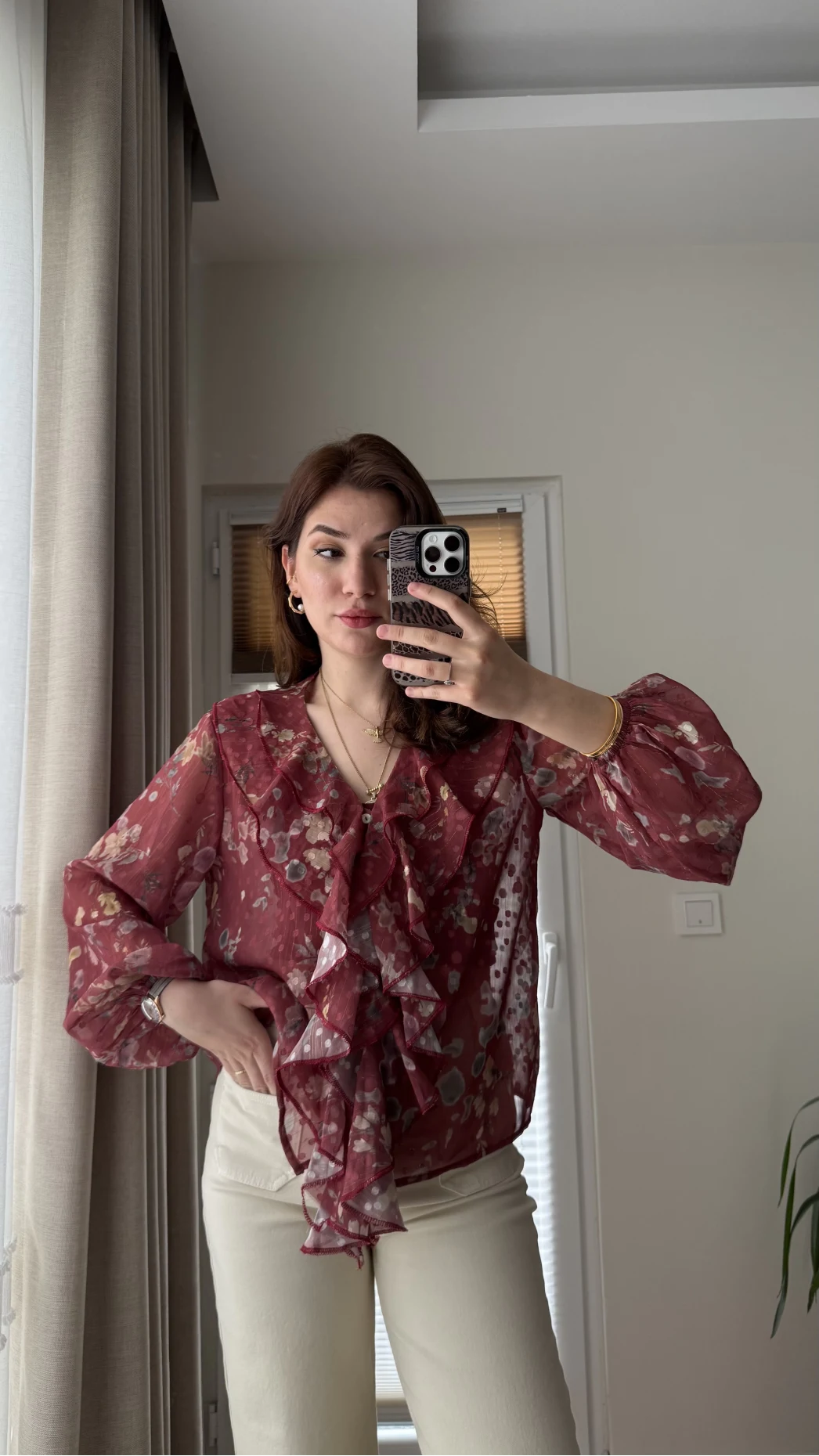 Şifon Fırfır Detay Bluz Kiremit