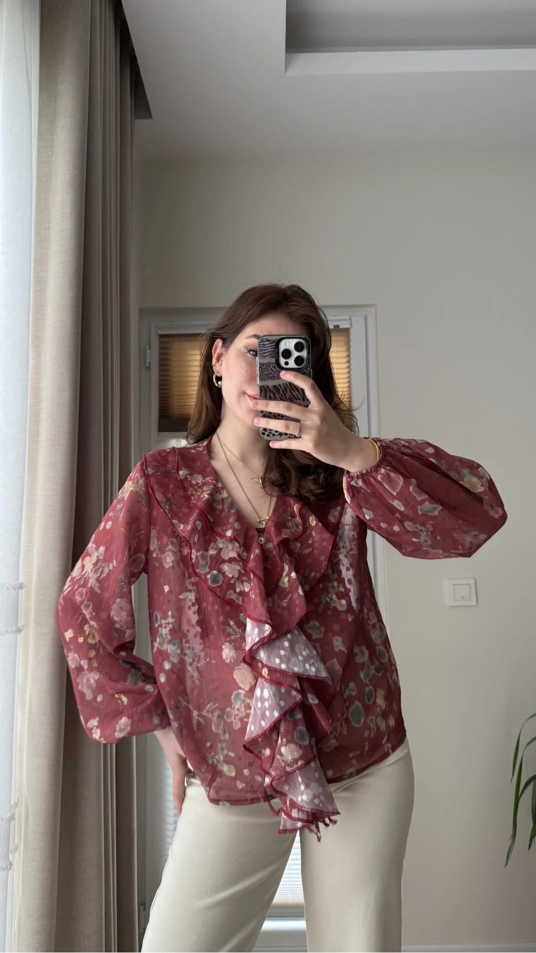 Şifon Fırfır Detay Bluz Kiremit