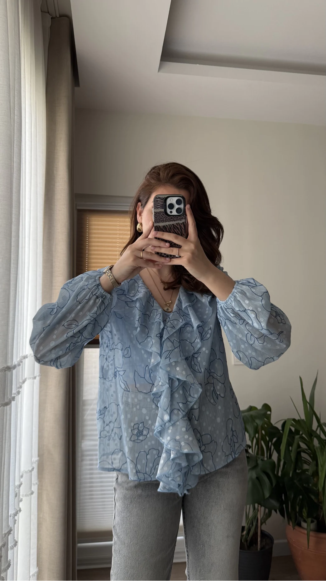 Şifon Fırfır Detay Bluz Mavi