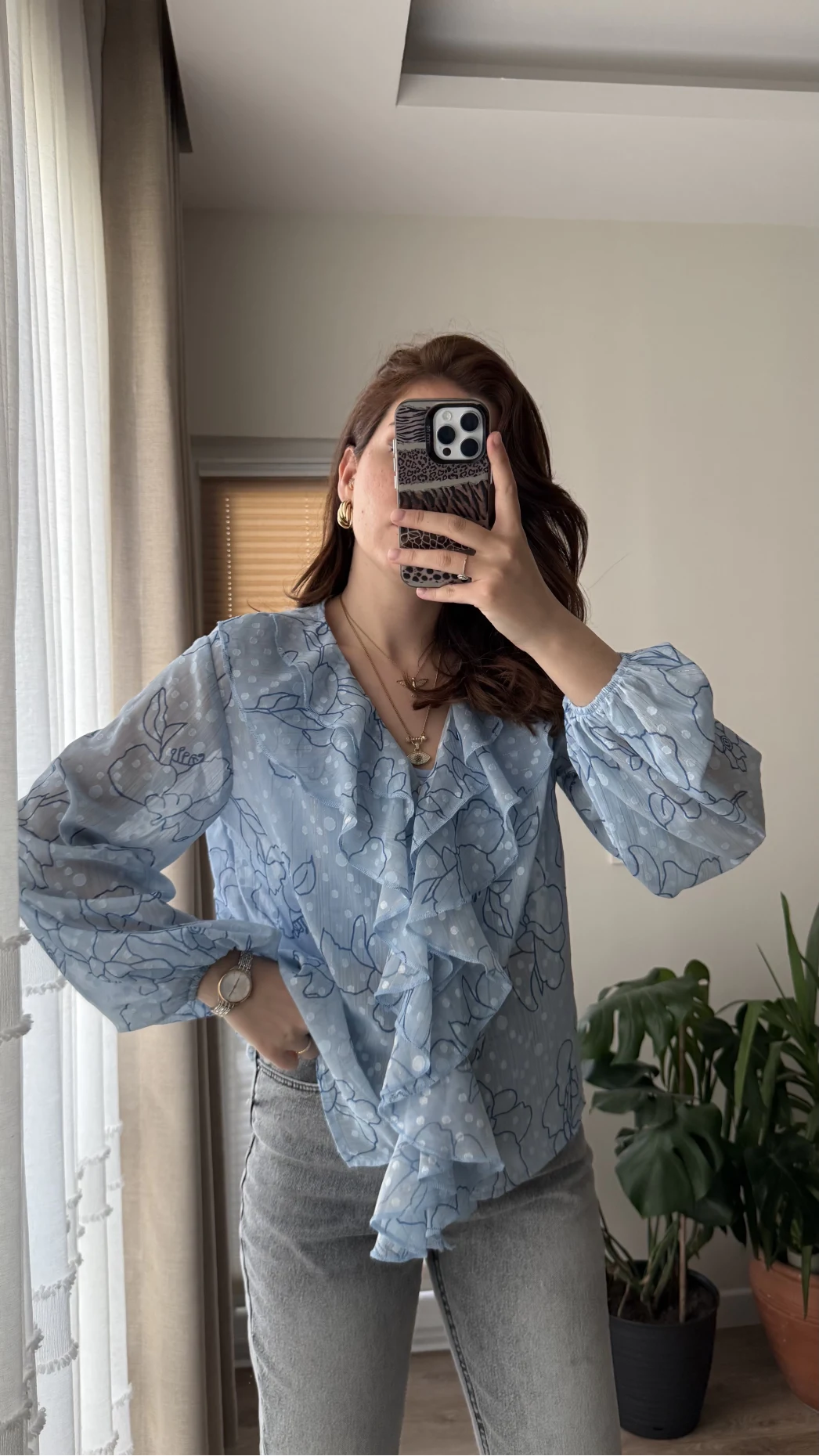 Şifon Fırfır Detay Bluz Mavi