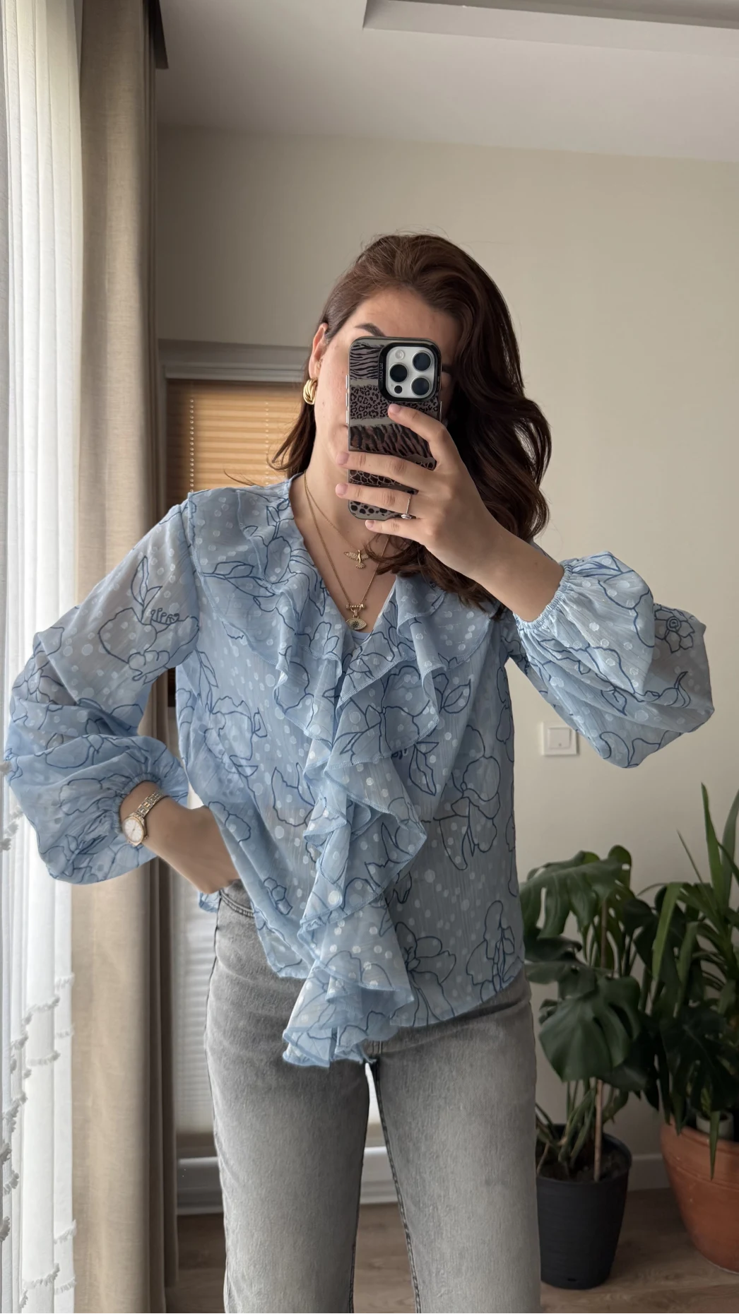 Şifon Fırfır Detay Bluz Mavi