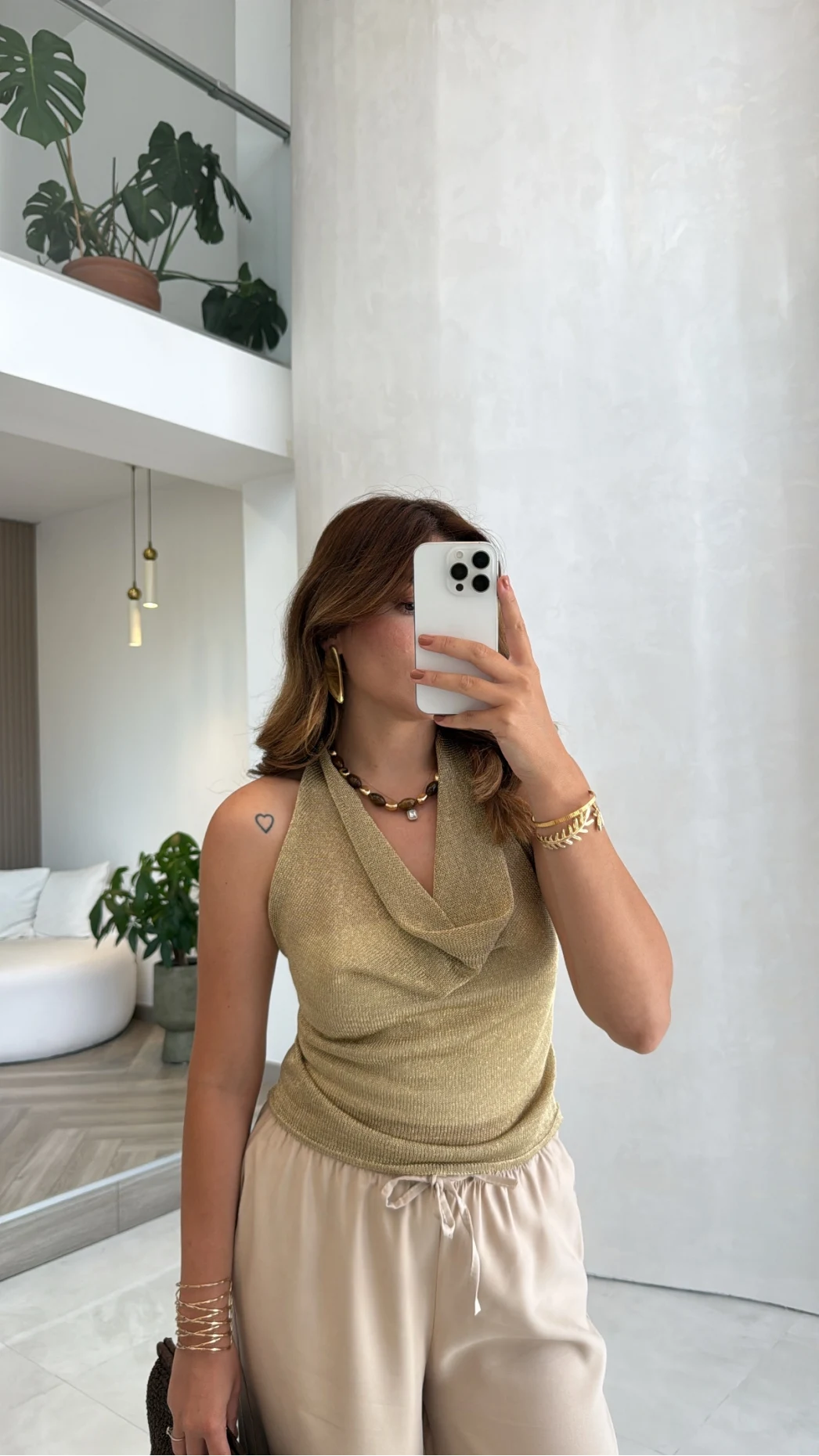 Simli Boyundan Geçmeli Bluz - Gold - Kod: 2809