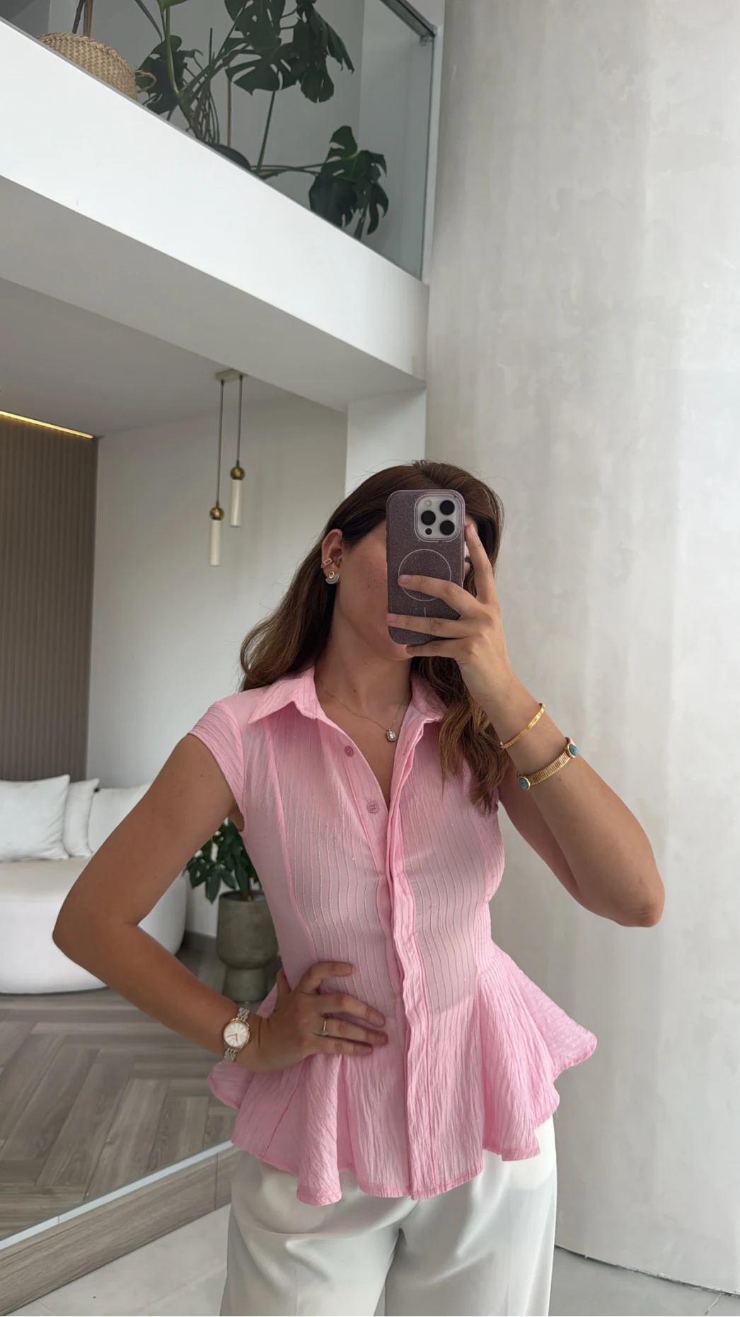 Simli Sıfır Kol Gömlek - Pembe - Kod: 2318