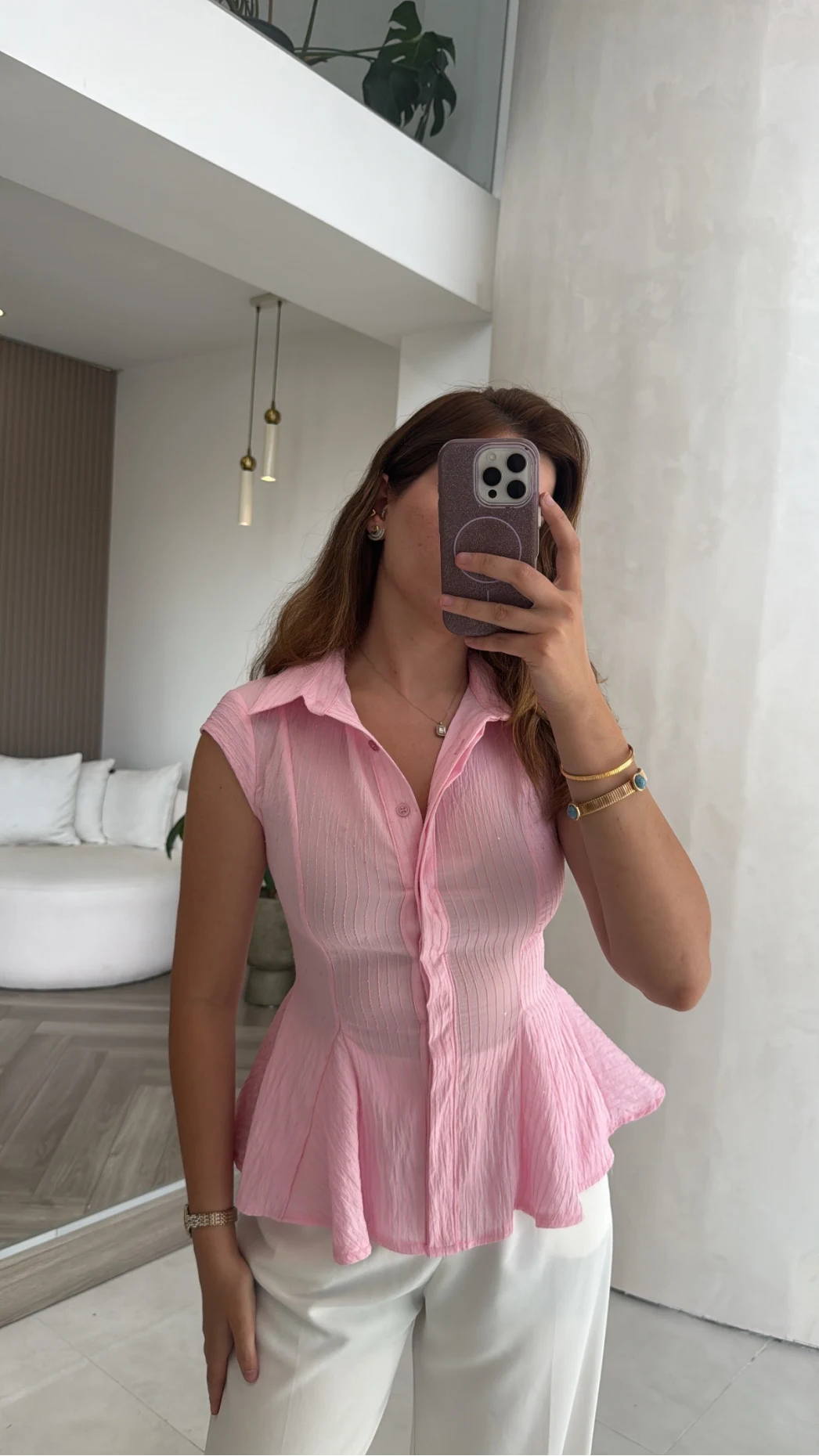 Simli Sıfır Kol Gömlek - Pembe - Kod: 2318